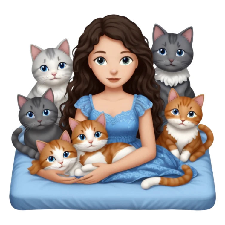 detailed realistic looking a dark grey and white cat regally laying with six other cats, cuddling with their owner in bed who is a pretty bratz lightly tanned white girl with long dark brown hair, blue eyes and gorgeous long wavy hair wearing a pretty detailed dress sticker
