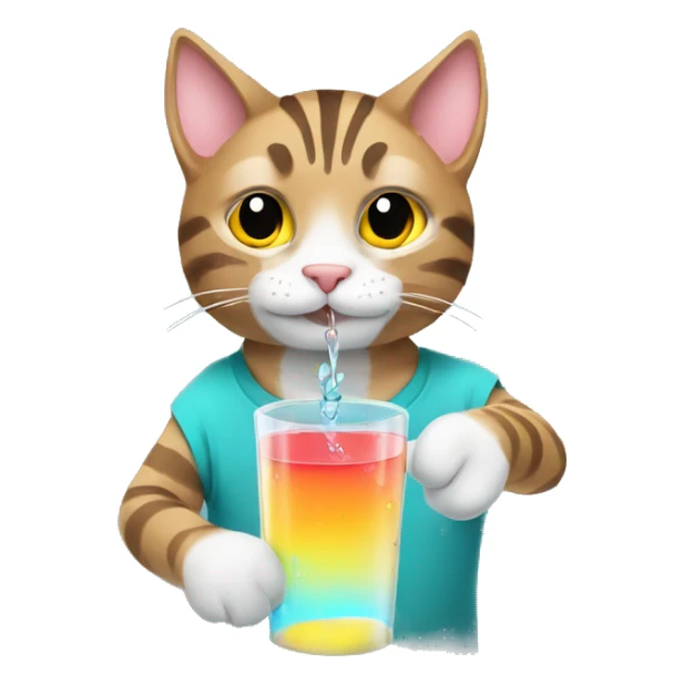 Tabby cat holds colored water in his hands and keeps drinking sticker