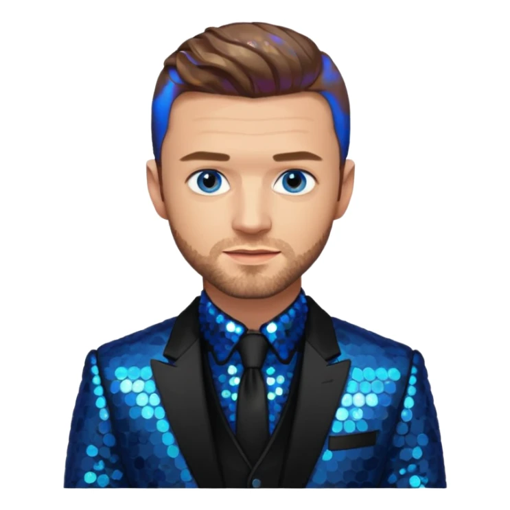Justin Timberlake with light brown hair, blue eyes, sequin black suit jacket sticker