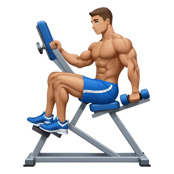side-view bodybuilder in blue shorts seated weighted calf-raise machine on his tip toes sticker