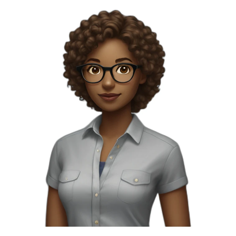 young black woman software engineer with eyeglasses with curly brown hair with ralph lauren shirt with arms sticker
