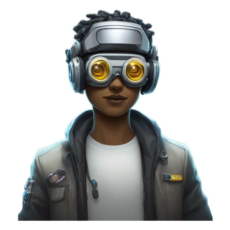 netrunner, cyberpunk hacker with mechanical glasses, cyborg body, vr headset sticker