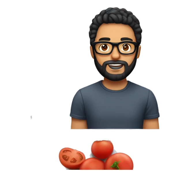 Designer with black hair, white skin, beard and glasses working with MacBook and tomato puree sticker