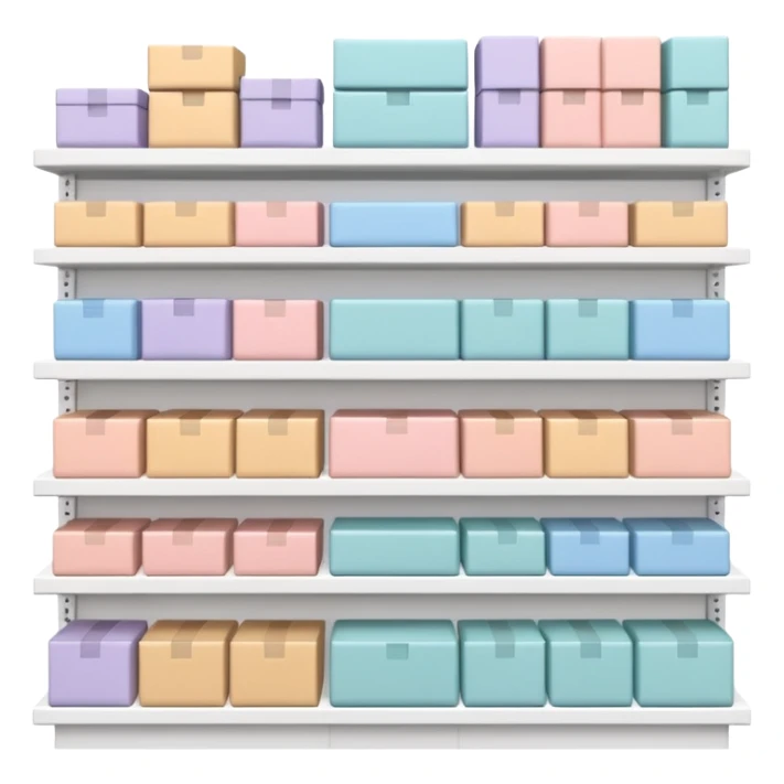 "Minimalist Japanese retail shelf display, products aligned identically across horizontal rows, vertically varied by type, clean spacing, precise symmetry, soft neutral lighting, aesthetic composition, highly organized, front-facing packages, ultra-detailed." sticker