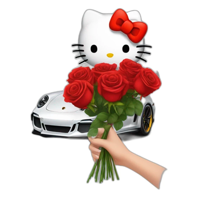 Hello kitty in porsche 911 gt3rs and bouquet of rose red in her hand sticker