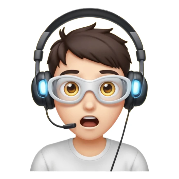 Cartoon character, surprised and blinded by flashbang, headset on, exaggerated eyes, bright white glowing effect, funny expression, Twitch emoji style, transparent background sticker