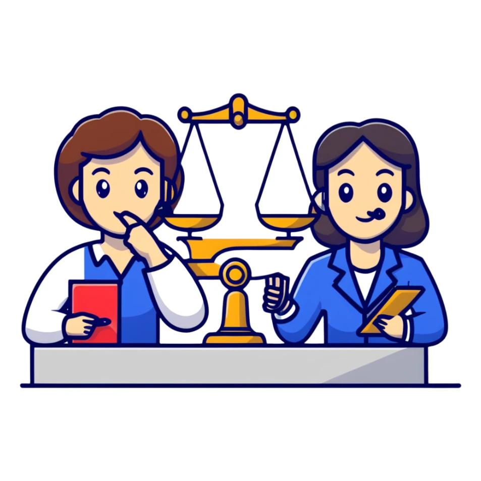 female notary with justice scale and stamp, phoning with another woman sticker