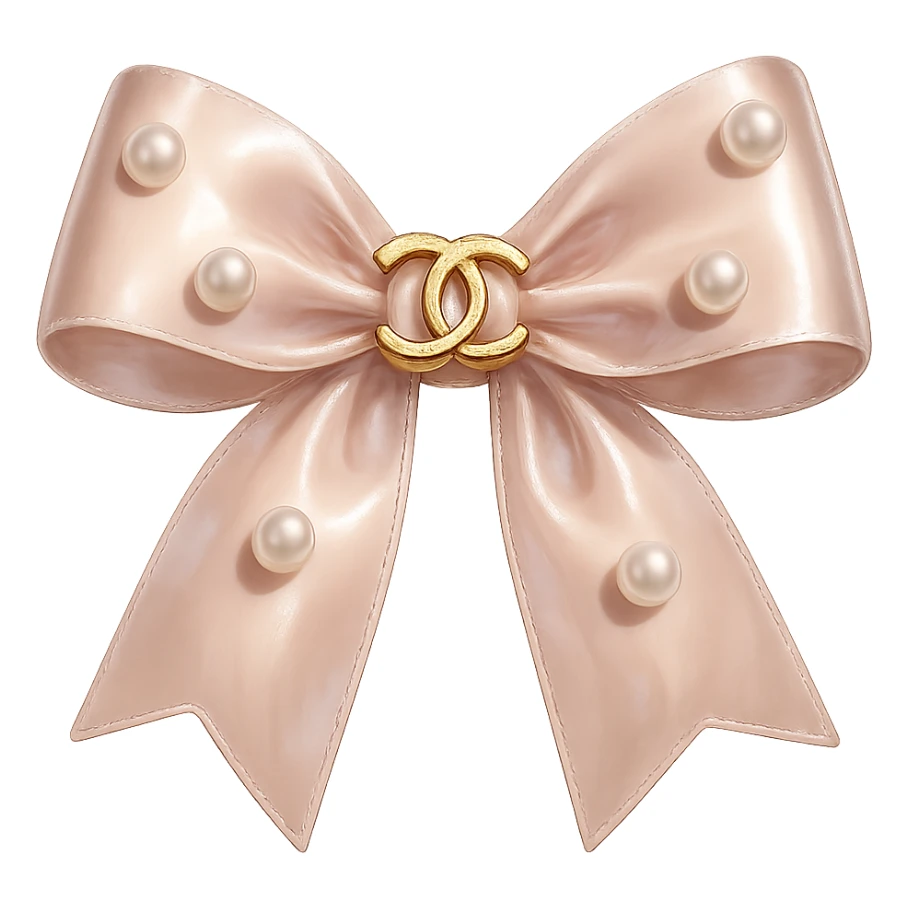 Remove the background, keep only the elegant bow with pearls and gold Chanel logo, glossy, pastel colors, realistic style, with no background. sticker