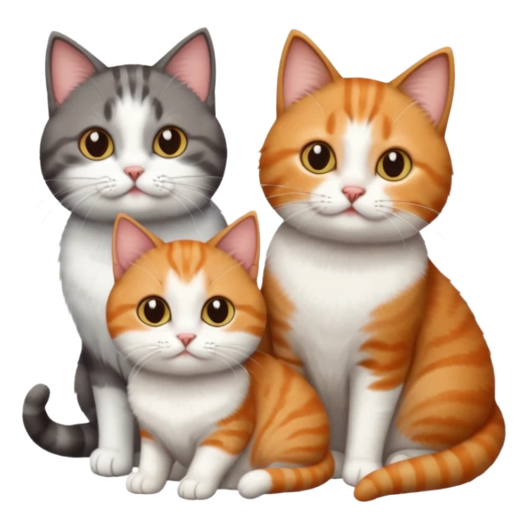 3 different coloured short haired cats including; a dark brown tabby and white cat, and a dark grey and white and a ginger and white sticker
