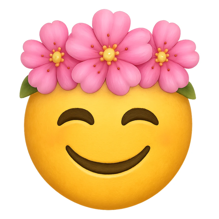 yellow face with pink flower crown emoji, digital illustration, remove background sticker