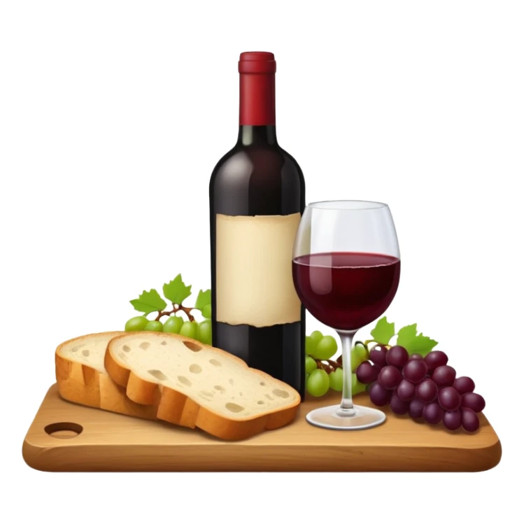 Make me some wine with bread and grapes, Do it on a board, so it looks elegant sticker