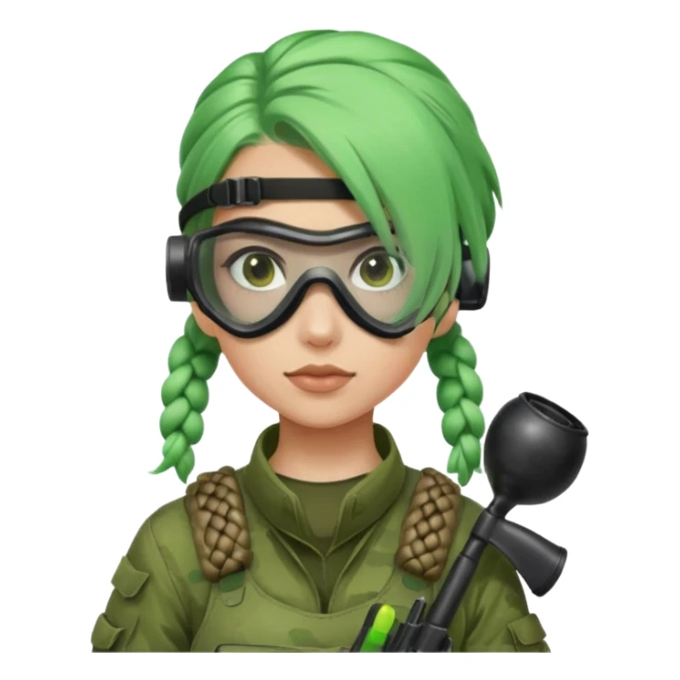 paintball player face girl braided green hair sticker