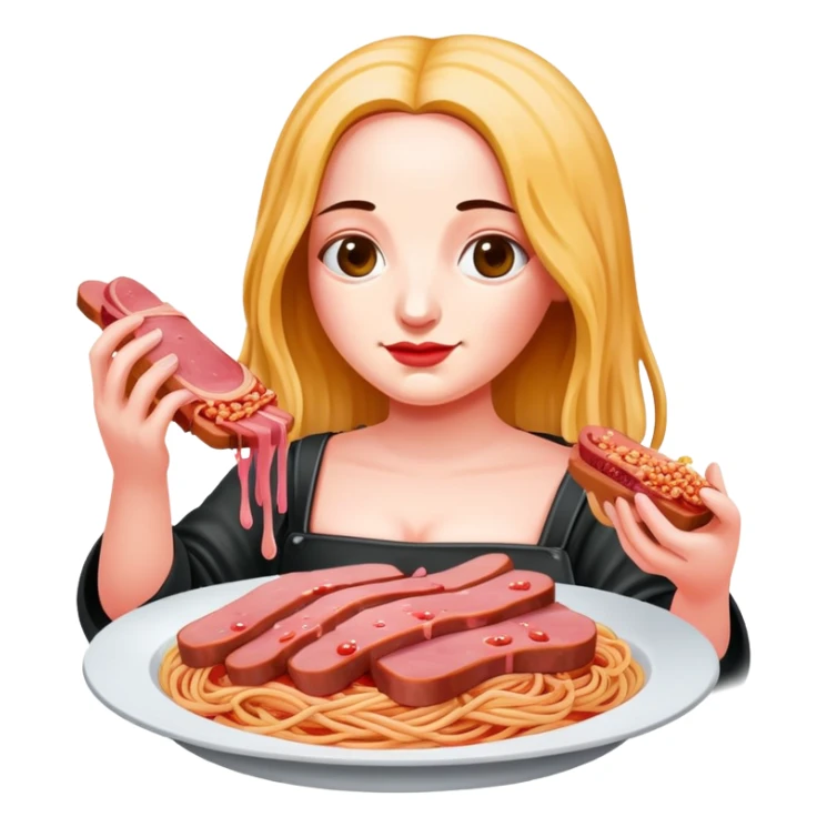 Monalisa holding SPAM meat melted pink dripping sauce spaghetti  sticker