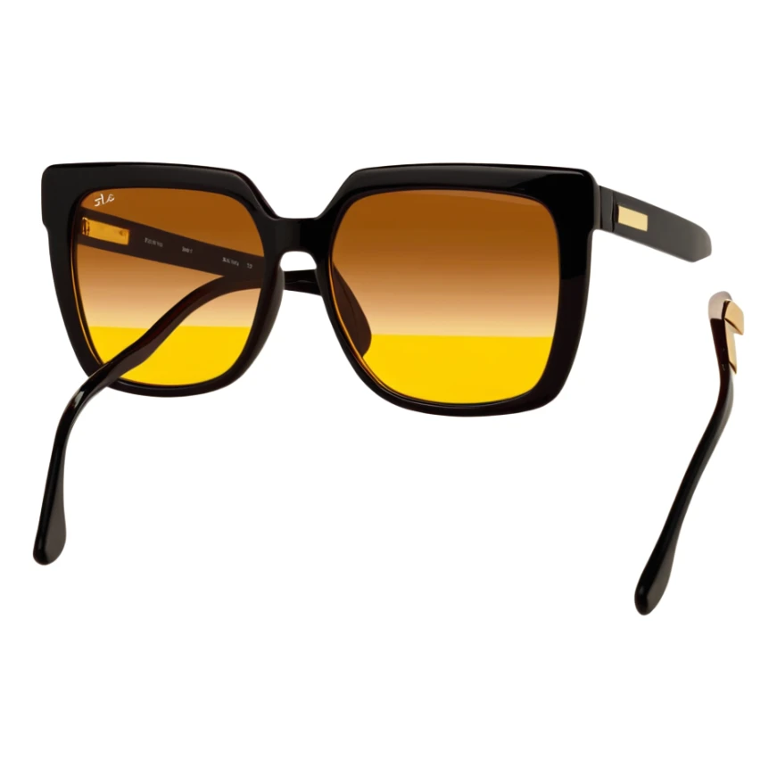 large square sunglasses with yellow gradient lenses and thick brown plastic frames, 70s fashion accessory sticker