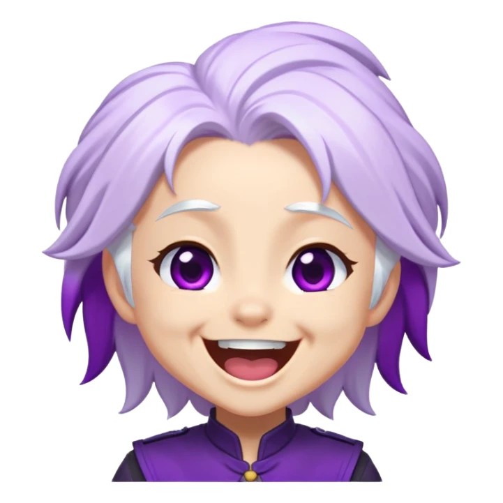 Chibi Sable Ward laughing hard, exaggerated laugh, head tilted back, white hair with purple streaks, fully purple eyes, extremely happy expression sticker
