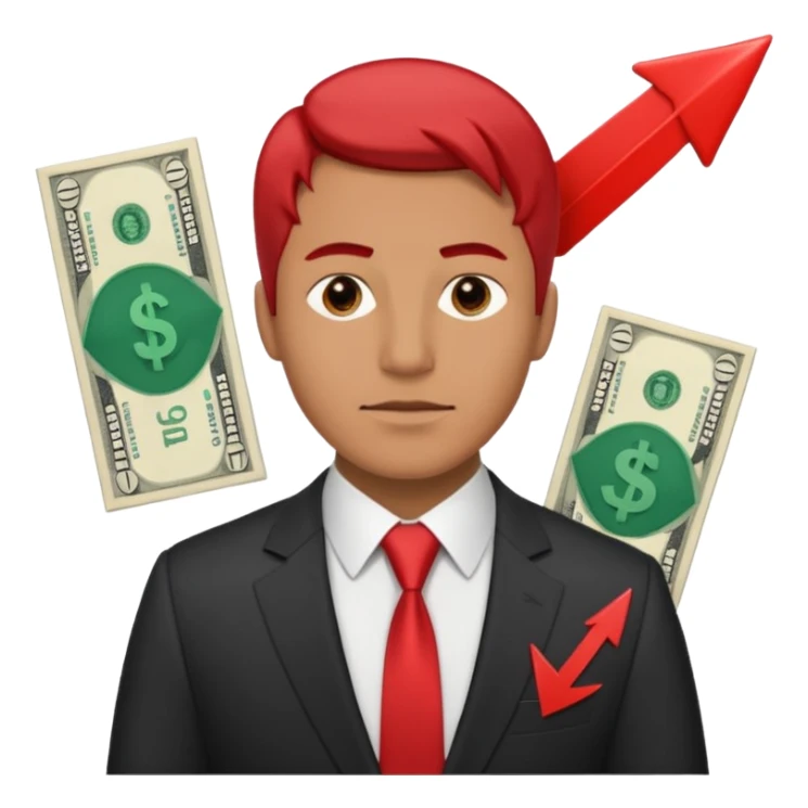 a man, and next to him are bills of money and a red arrow that points down sticker