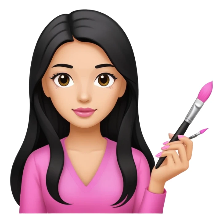 Pink Nail Tech with black long hair holding small acrylic brush sticker