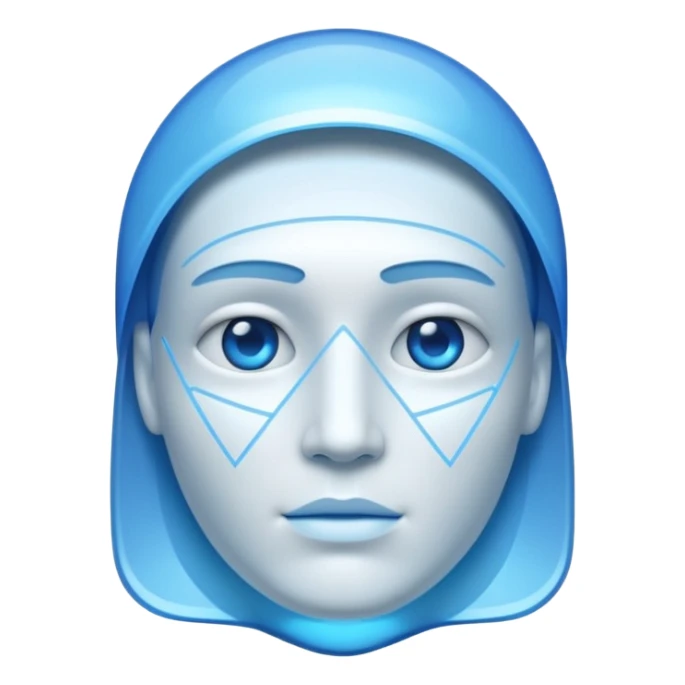 A non-human presence appearing as a glowing blue-white holographic interface with floating geometric shapes or a faint head-and-shoulders outline and no physical facial features. sticker