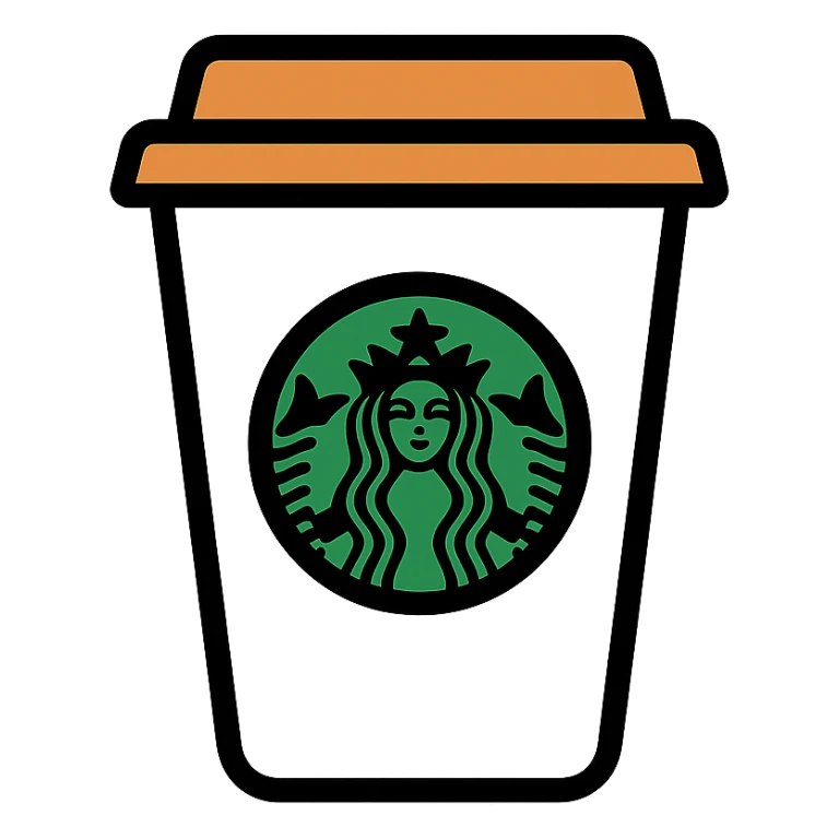Starbucks coffee cup, white cup with green logo, simple icon sticker