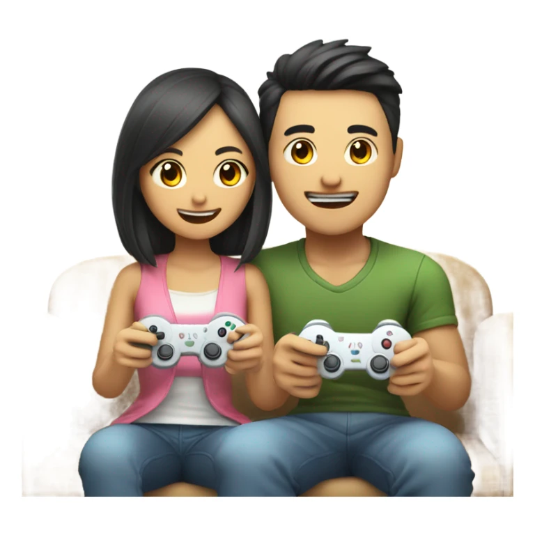 Cute Asian Couple sitting together and having fun playing video games sticker