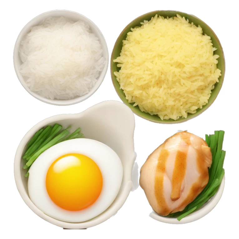 a bowl of rice with two eggs and two chicken thigh sticker