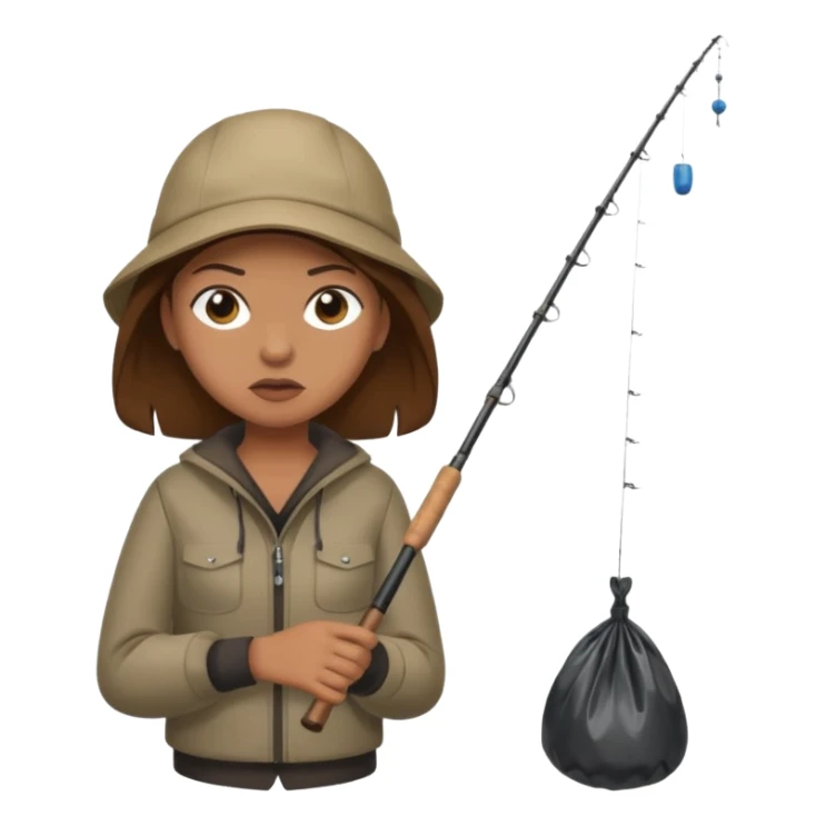 girl fishing, caught trash bag on rod sticker