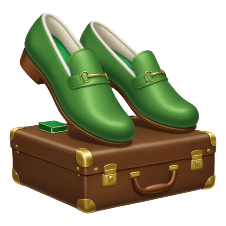 Feet with white socks wearing green slippers standing on a briefcase sticker