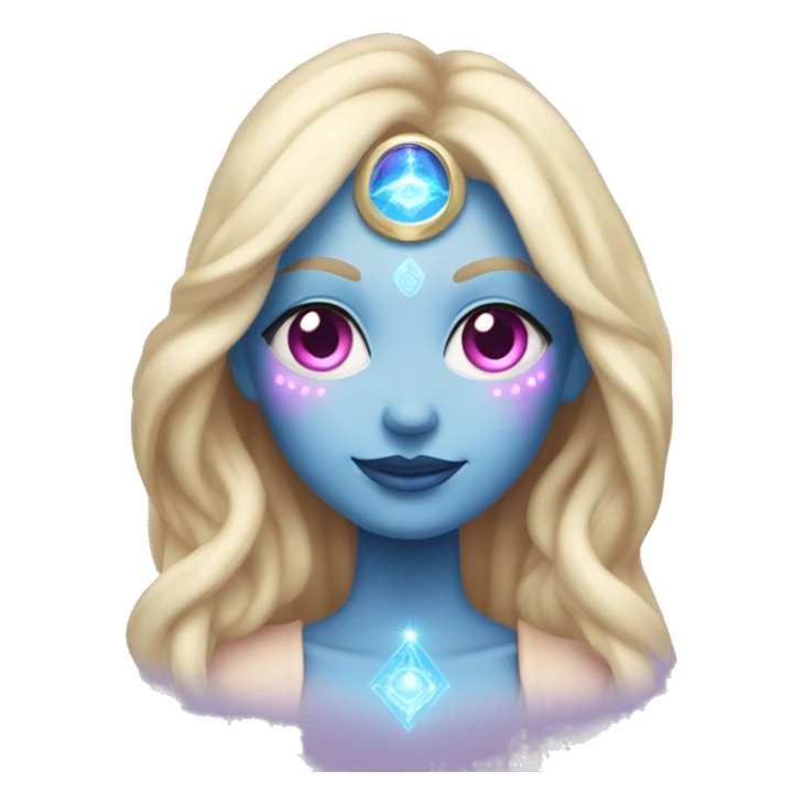 magical diva with thin pink andromedan face long blonde hair and blue eyes glowing third eye sticker
