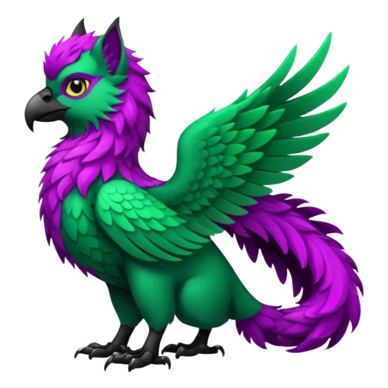 Emerald-green gryphon with a long tufted tail, black beak, dark-magenta swirly pattern markings, black claws, black tail, majestic, realistic, furry (full body) sticker