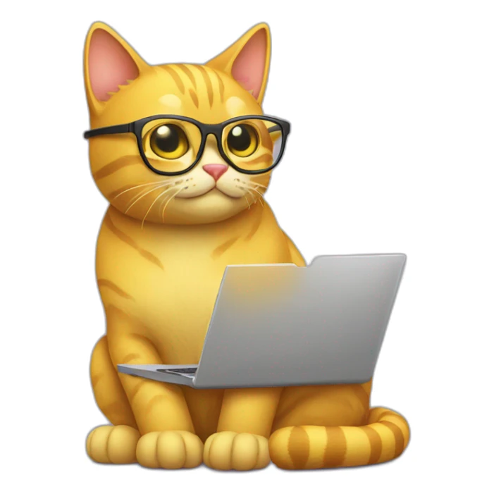 yellow cat with glasses and a laptop sticker