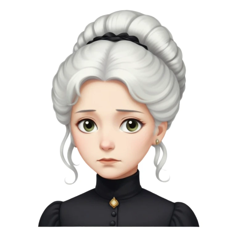 A Victorian woman with elegant coiffed white hair and light eyes wearing a modest black turtleneck mourning dress looking down with a forlorn expression sticker