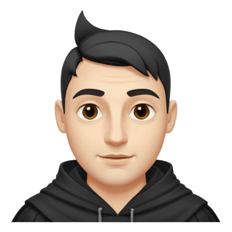 A handsome man with fair complexion. masculine, roman, slightly crooked nose. Thick triangular eyebrows. Hooded eyes and black pupils.  smily lips with a heavy top lid.  Jinu haircut sticker