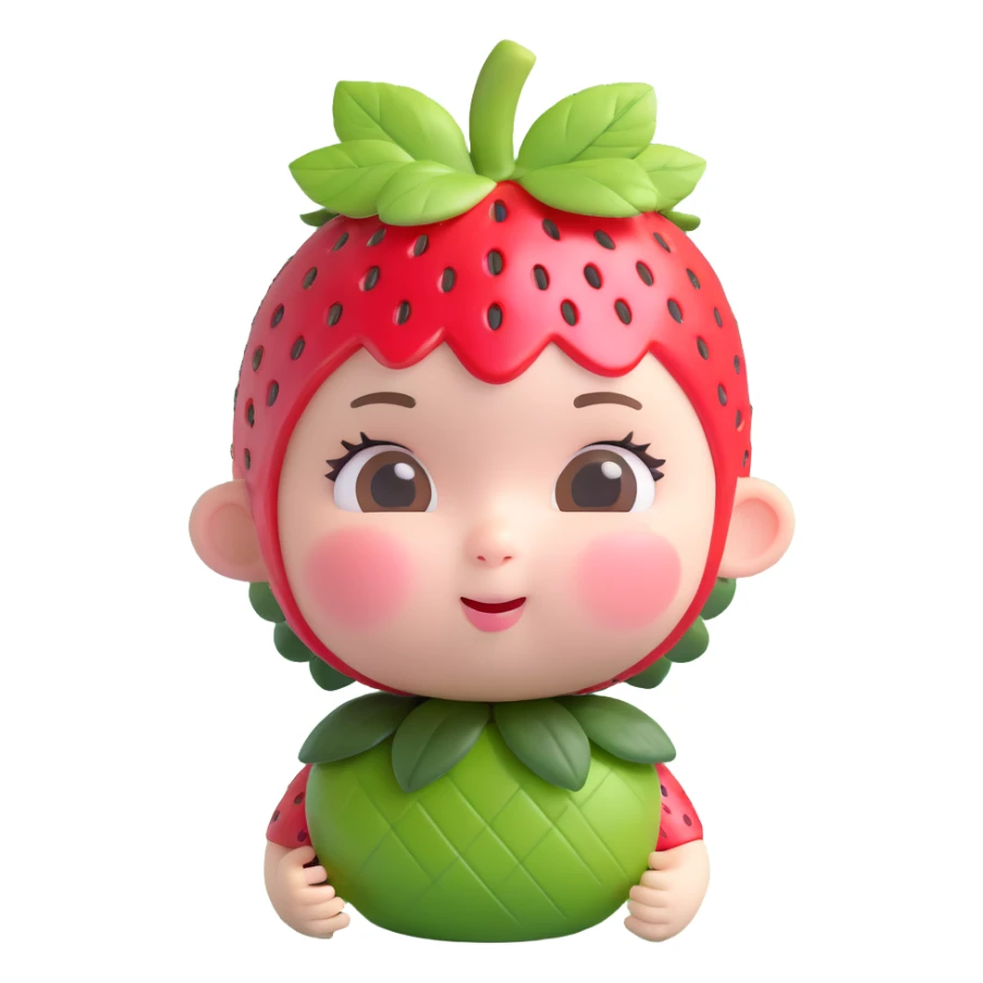soft cute baby-faced character with pinkish skin, strawberry leaf and small strawberry on head, round body, expressive facial features, 3D style sticker