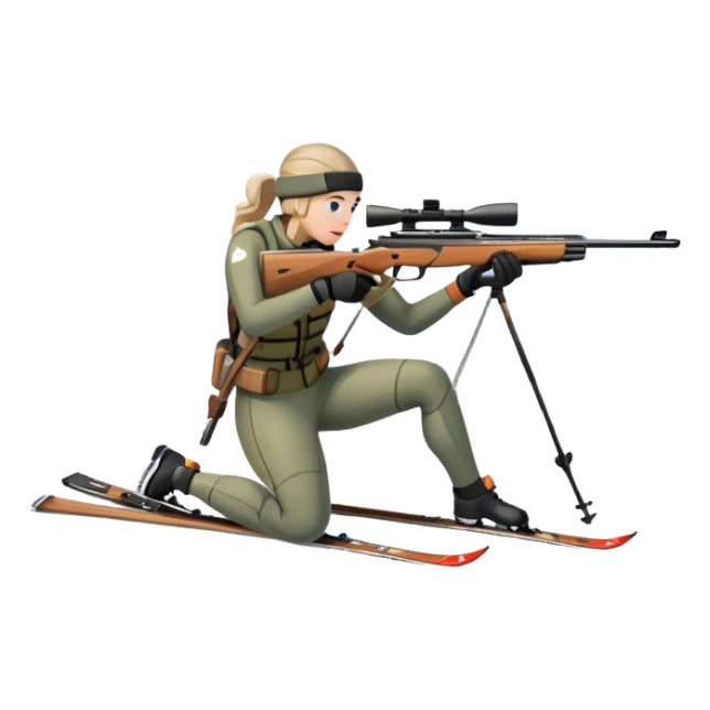 An icon showing a snowy landscape with pine trees, mountains and a clear sky with a biathlete aiming a rifle in the foreground, wearing winter gear and skis. Transparent background emphasizes the precision, endurance, and beauty of this winter sport. sticker