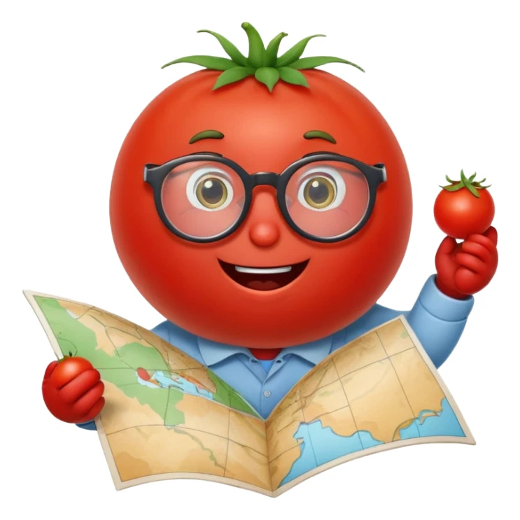 nerdy tomato character holding a map, with glasses and a cheerful expression sticker