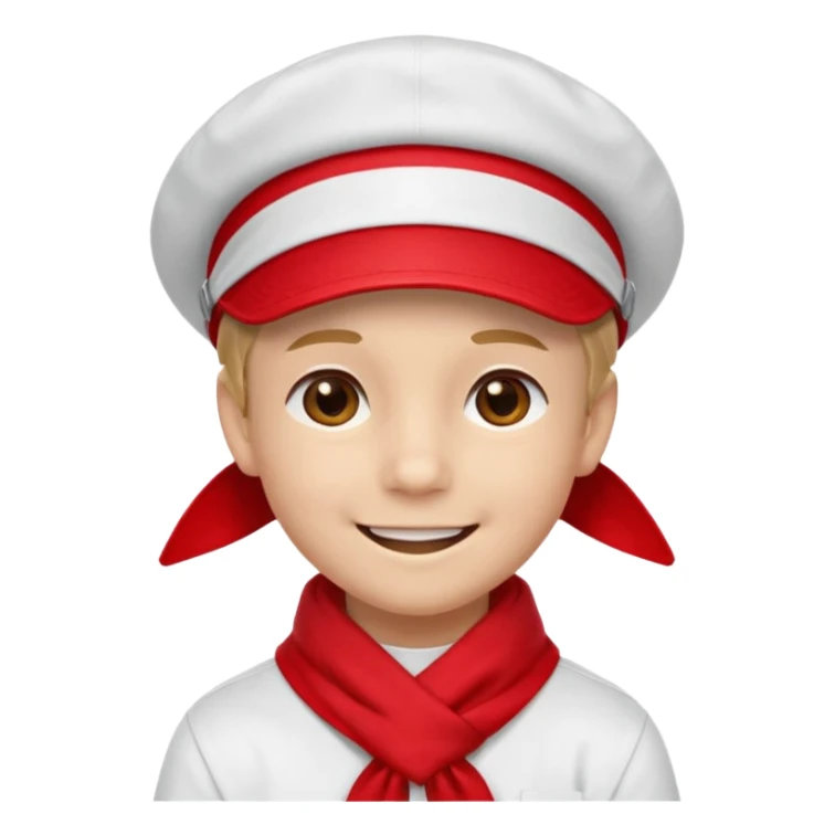 A Soviet pioneer emoji — smiling young boy wearing a bright red tie (pioneer neckerchief) and a red pilotka cap. White shirt, neat and cheerful, minimal flat emoji style, simple colors, clear outlines, professional emoji design. sticker