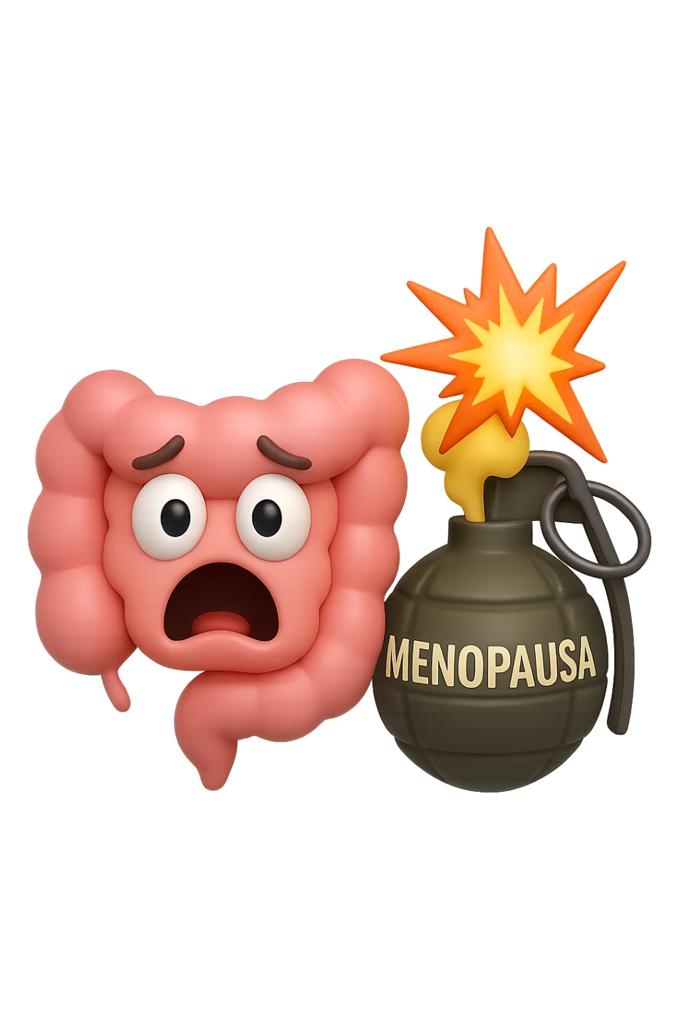 EMOJI STILE IPHONE 3D DI INTESTINO 3D CON ESPRESSIONE SPAVENTATA IN VOLTO MENTRE ACCANTO A LUI SCOPPIA UNA GRANATA 3D CON LA SCRITTA "MENOPAUSA" SOPRA, FAGLI ANCHE LA PARTE BIANCA DEGLI OCCHI, NON SOLO LA PUPILLA sticker