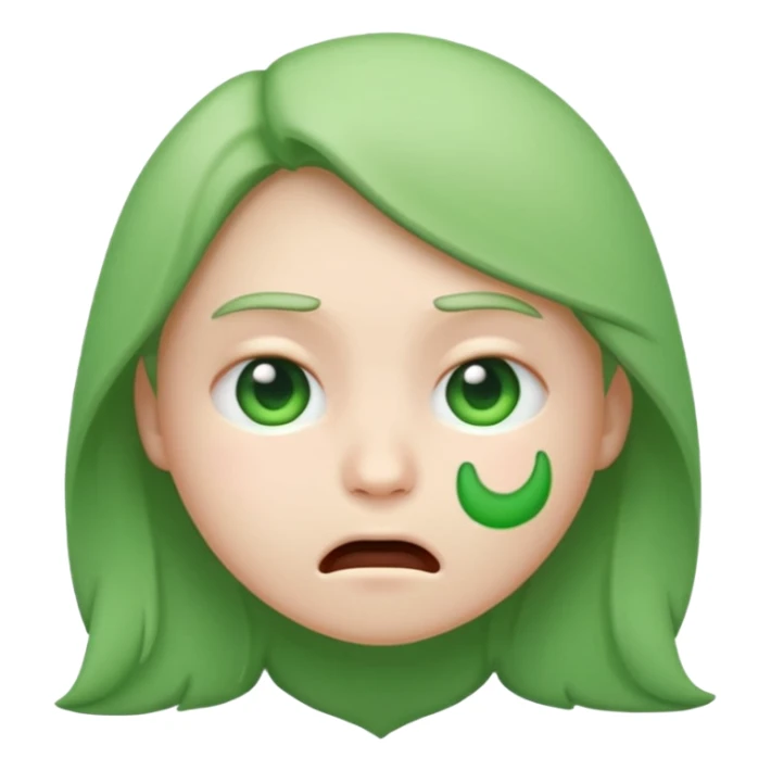 green sick face emoji, nauseous expression,
cute emoji style, mobile game emoji,
soft 3D look, white outline sticker style,
no background sticker
