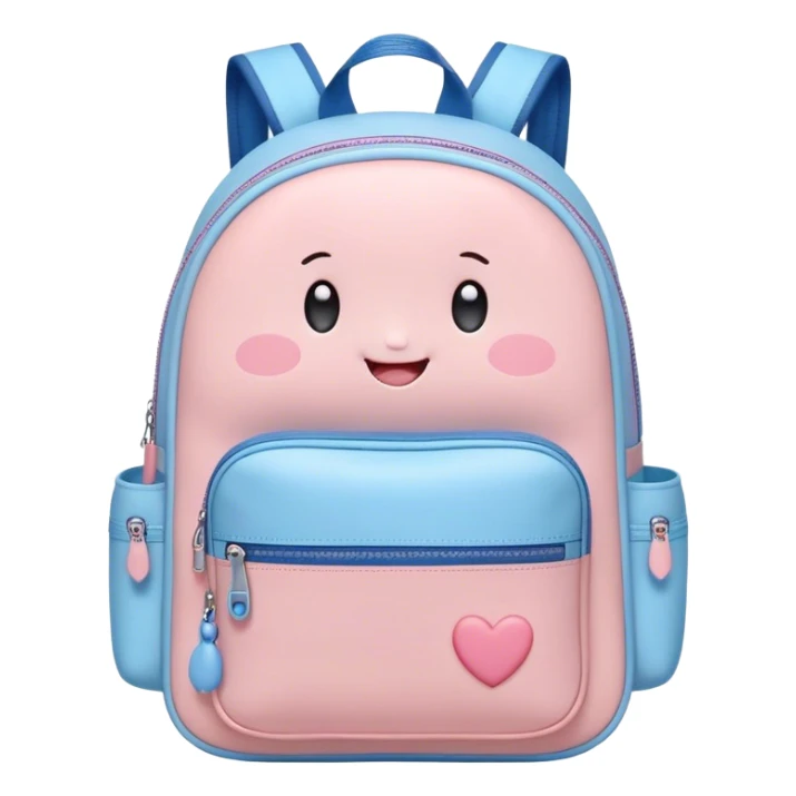Cute Kawaii Backpack, round and chubby, soft pastel pink and blue, tiny heart-shaped zippers, blushing cheeks, a tiny smiling face, a happy school-time companion! sticker