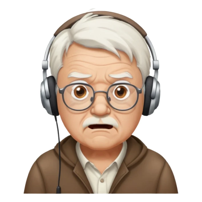 Brown old man with medium white hair, using glasses and headphones looking surprised and angry, no facial hair, a little chubby, looking to the left superior corner sticker