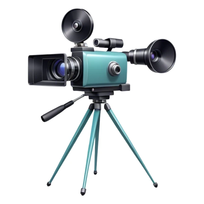 Create an emoji for video recording. Show a movie camera on tripod with single lens, symbolizing the act of filming. Use modern, professional colors. Do not include any emojis or smiley faces. Make the background transparent. sticker