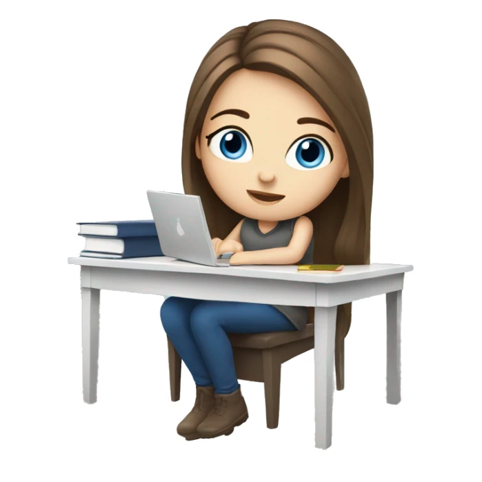 white girl studying at a white desk, brown hair, blue eyes; sticker