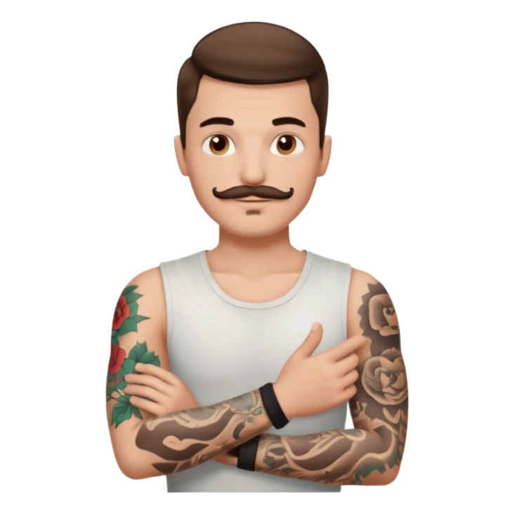 Handsome boy with brown mustache and one arm sleeve tattoos  sticker