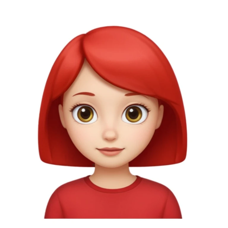 Cute female character, rounded face, big eyes, small nose, subtle smile, bob cut, red shirt sticker