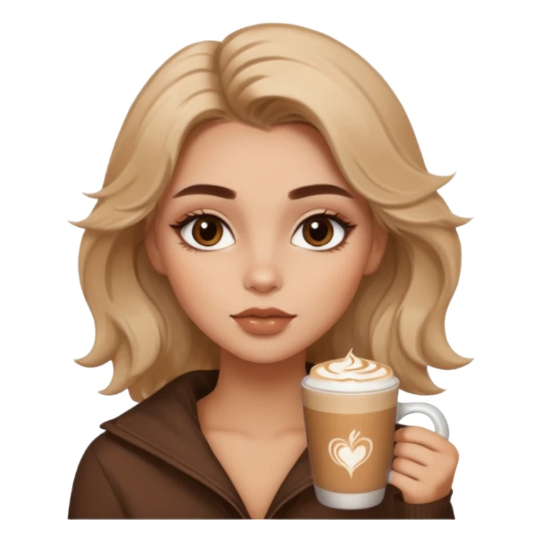 cozy warm-toned emoji girl with soft bronzy eyeshadow, fluffy brows, caramel shimmer, glossy nude lips, light contour, tousled hair, latte-inspired look sticker