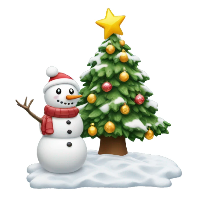 decorated christmas tree with snow and a snowman standing next to it sticker