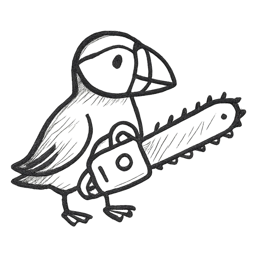 a puffin with a chainsaw, hand drawn black outline style sticker