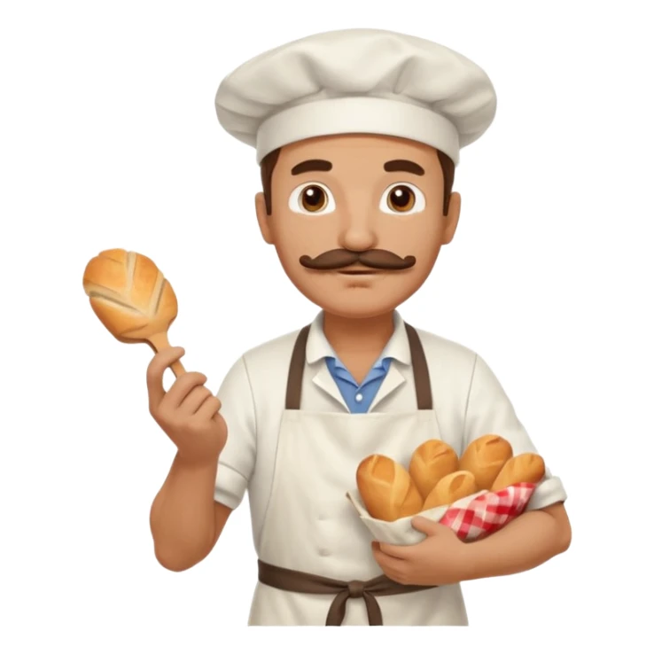 Middle aged male pastry chef - with a mustache, apron, white hat, holding a bag of bread sticker