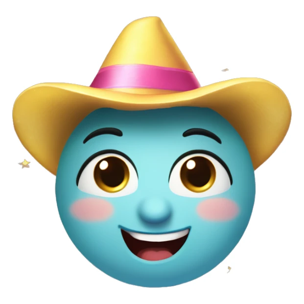 Happy face emoji: A round face, big warm smile, sparkling moon eyes. Eyebrows arched to express good humor, little gold stars near the eyes for a magical touch. Colored party hat slightly askew, rosy cheeks for a cute effect. STAR NEAR THE EYE sticker