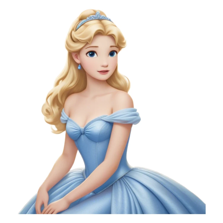 Cinematic Realistic Cute Cinderella Portrait, featuring fair, luminous skin with finely detailed texture and softly lit golden-blonde hair cascading in gentle waves. Her warm, inviting blue eyes sparkle with youthful charm and curiosity, while her classic, elegantly draped ball gown reveals meticulously rendered fabric details and natural folds. The overall composition is bathed in a gentle, realistic radiance that exudes both playfulness and heartfelt beauty. sticker